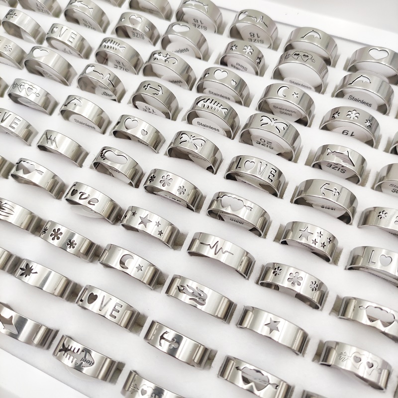 Image of 20/50pcs Of Yicen Stainless Steel Rings , Moon, Heart, And Designs For Women And Men, In A Mixed Style For Wholesale, Perfect For Couple Jewelry
