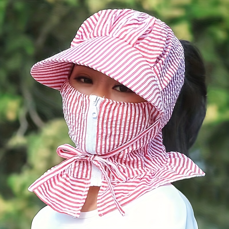 Uv Protection Striped Sun Hat With Neck Gaiter And Zipper - Temu