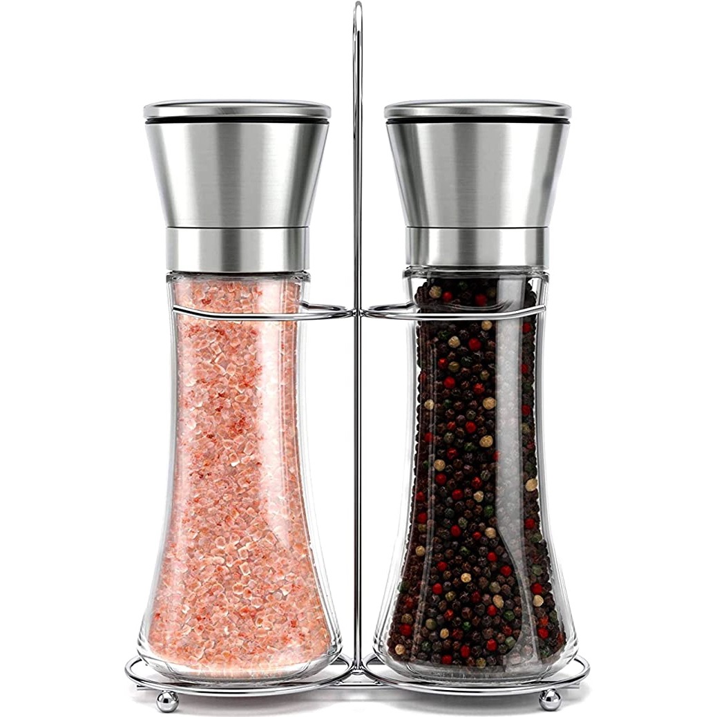 Salt and Pepper Shakers Grinders Set Refillable Stainless Steel, Adjustable  Coarseness Mills Glass Material to Refill Sea Salt,Small Peppercorn,Black
