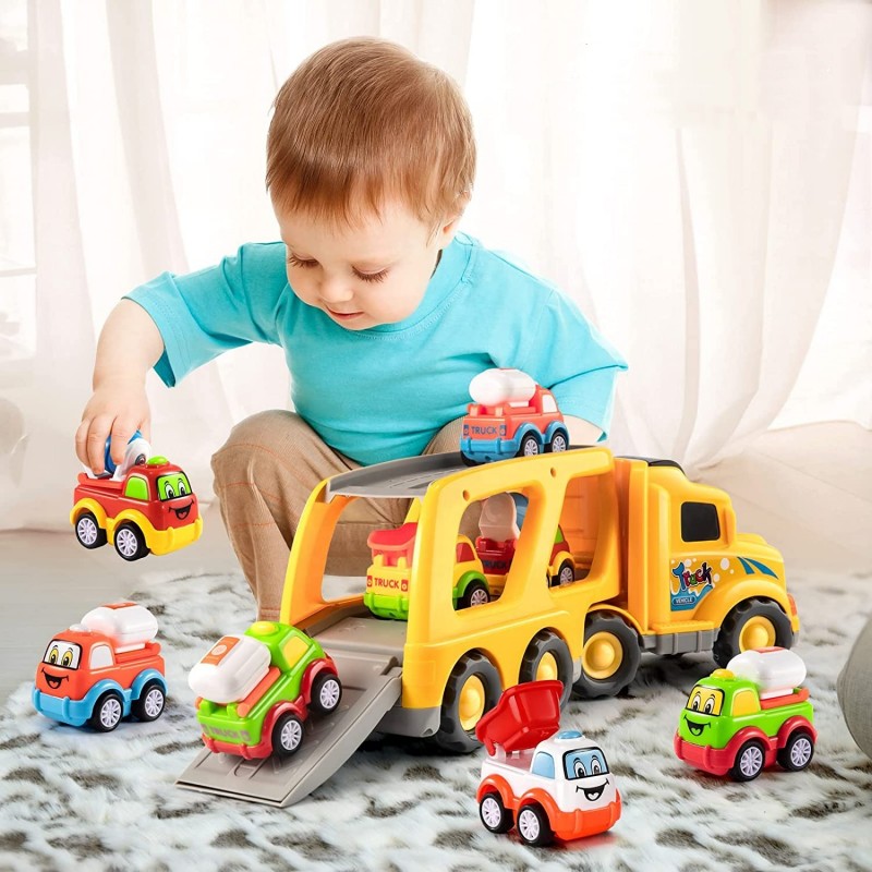 5-in-1 Friction Power Toy Vehicle in Carrier Truck, Toddler Toys