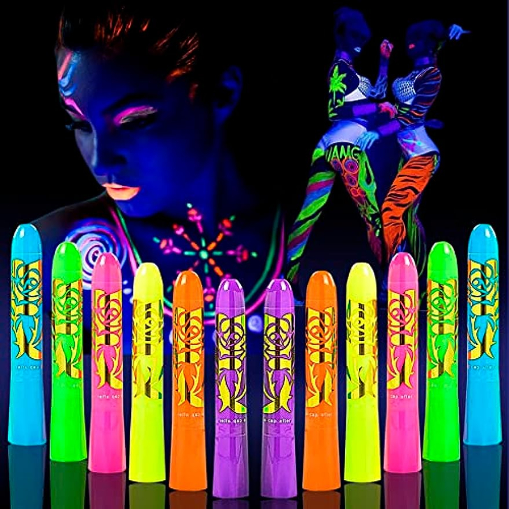 Pintura corporal de 12 colores brillantes, crayones UV, maquillaje que  brillan en la luz negra, pinturas corporales para niños y adultos, kit de