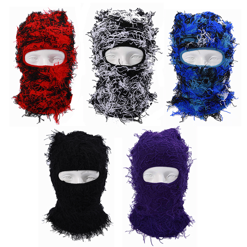 1pc Hip Hop Tassel Solid Fuzzy Balaclava Cap Full Cover Ski Mask Trend  Knitted Headgear Unisex Y2K Knit Hat Face Covering For Women Men