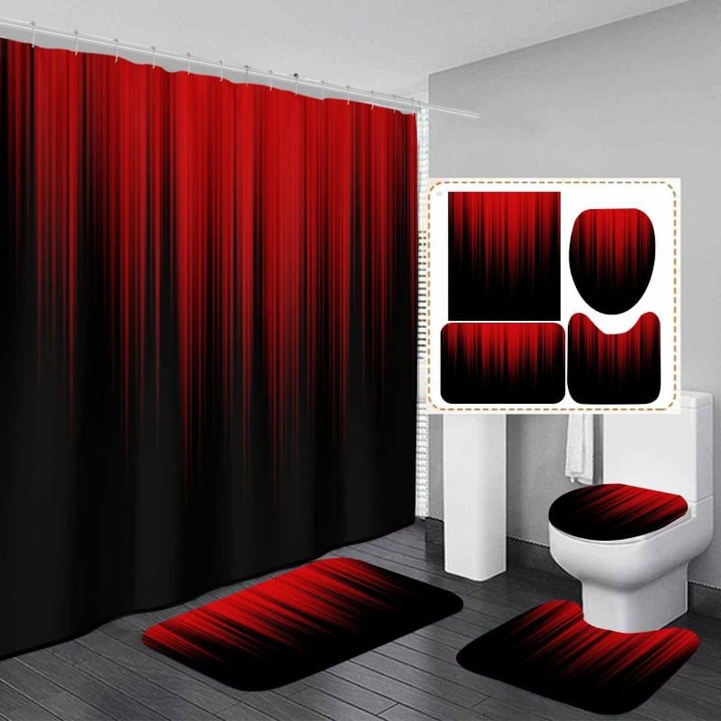 

4pcs Gradient Red Black Bathroom Set, Waterproof Shower Curtain With 12 Hooks, Non-slip Bath Rug, Toilet U-shape Mat, Toilet Lid Cover Pad, Bathroom Partition, Bathroom Accessories