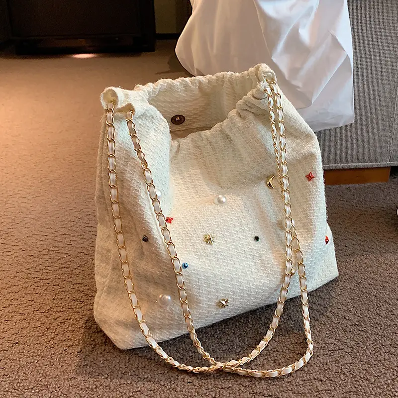 All-match Textured Bucket Bag - With Colorful Rhinestone Decor