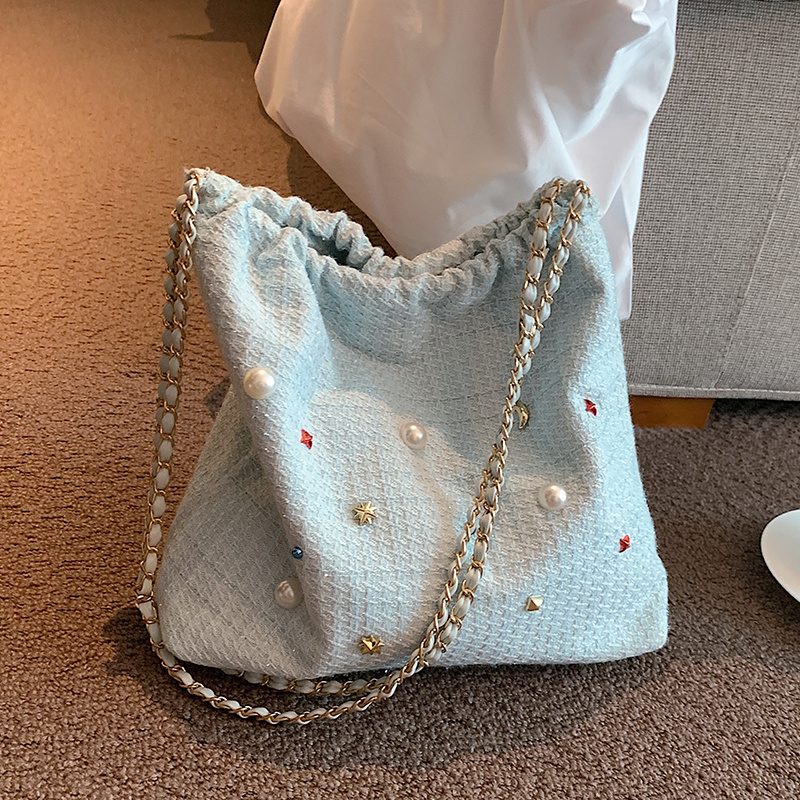 All-match Textured Bucket Bag - with Colorful Rhinestone Decor, Drawstring Chain Shoulder Bag, Novelty Daily Bag,Tote Bag for Women,Temu