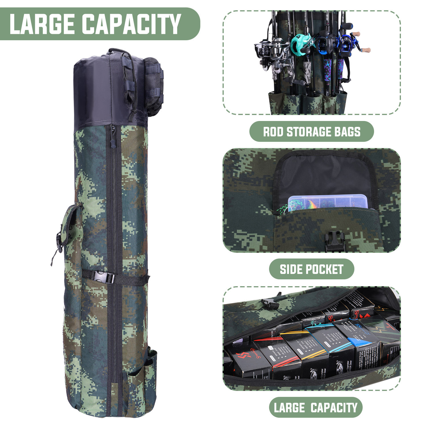 Large Capacity Multi-Function Durable Fishing 5 Pole Carrier Bag
