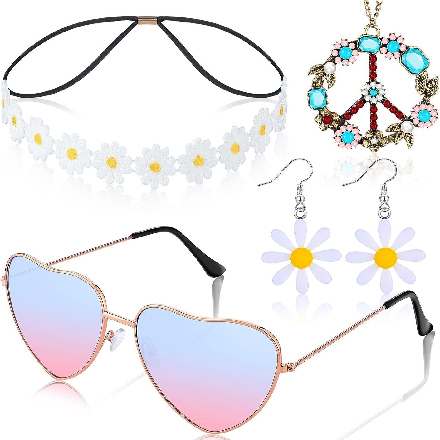 1set, 5 Pcs Hippie Accessories Peace Sign  Necklace,earring,sunglasses,sunflower Headband,rainbow Tie Dye Hairband For  Fancy Women Men,60s 70s Style Dr