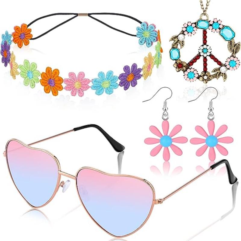  JeVenis Daisy Hippie Costume Accessories Sunglasses Peace Sign  Necklace Boho Retro Daisy Headband 60s 70s Hippie Accessories Club Music  Festival : Clothing, Shoes & Jewelry