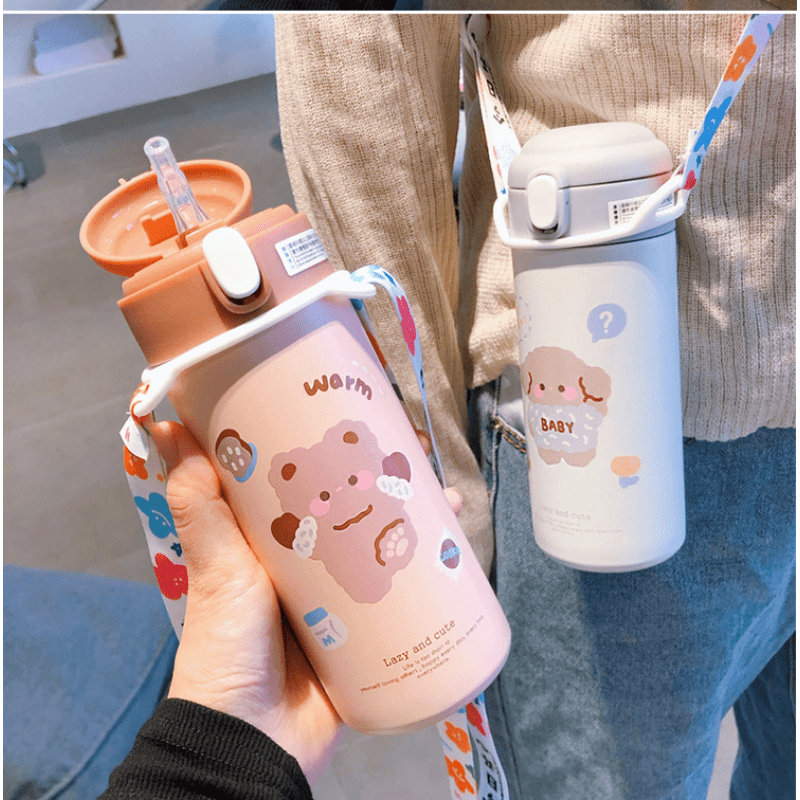 Creative Cute Thermos Bottle Children Stainless Steel Water Bottle With  Straw Portable Girl School Insulated Bottle Thermo Cup