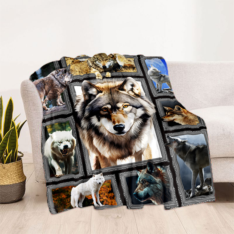 TEMU 1pc Gezellige Montage Wolf Deken, Lichtgewicht Flanellen Gooi Voor Bank, Bed, Reizen, Camping, Woonkamer, Kantoor, Bank, Stoel En Bed, Digitaal