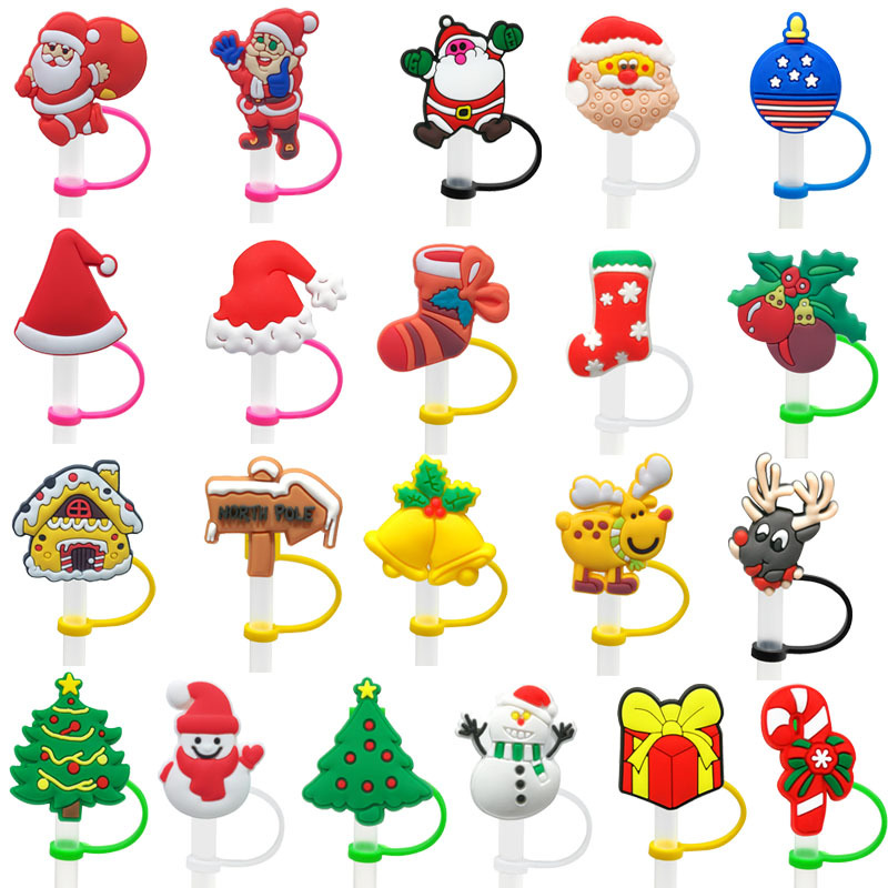 Leeseph 6Pcs Christmas Straw Cover Silicone Straw Cover Topper Compatible  with 8mm Straw Tumbler Straw Tip