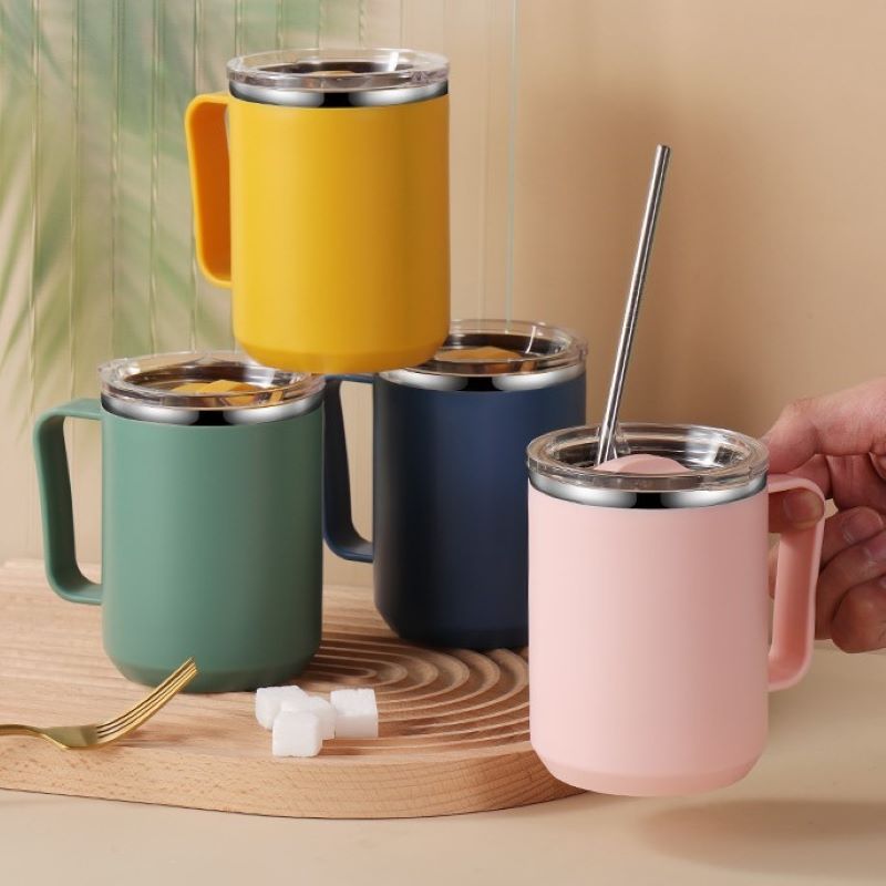450ML Stainless Steel Coffee Cup Mug Handle Straw Lid Vacuum Flask