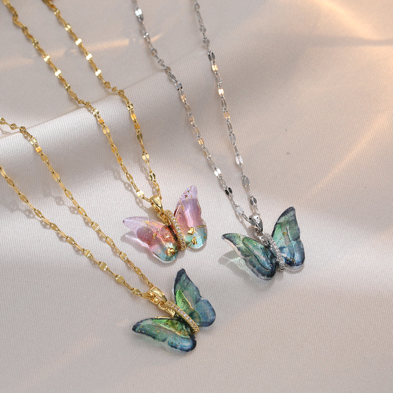 Sweet Cute Butterfly Necklace Pendant Acrylic Colorful Clavicle Chain  Necklace Personality Women Girls Neck Jewelry