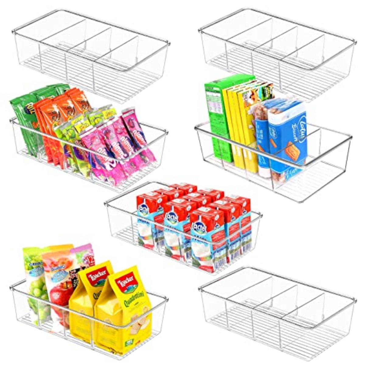 Food Pantry Storage Bins - Clear Plastic Organizer with Dividers - 2 Pack