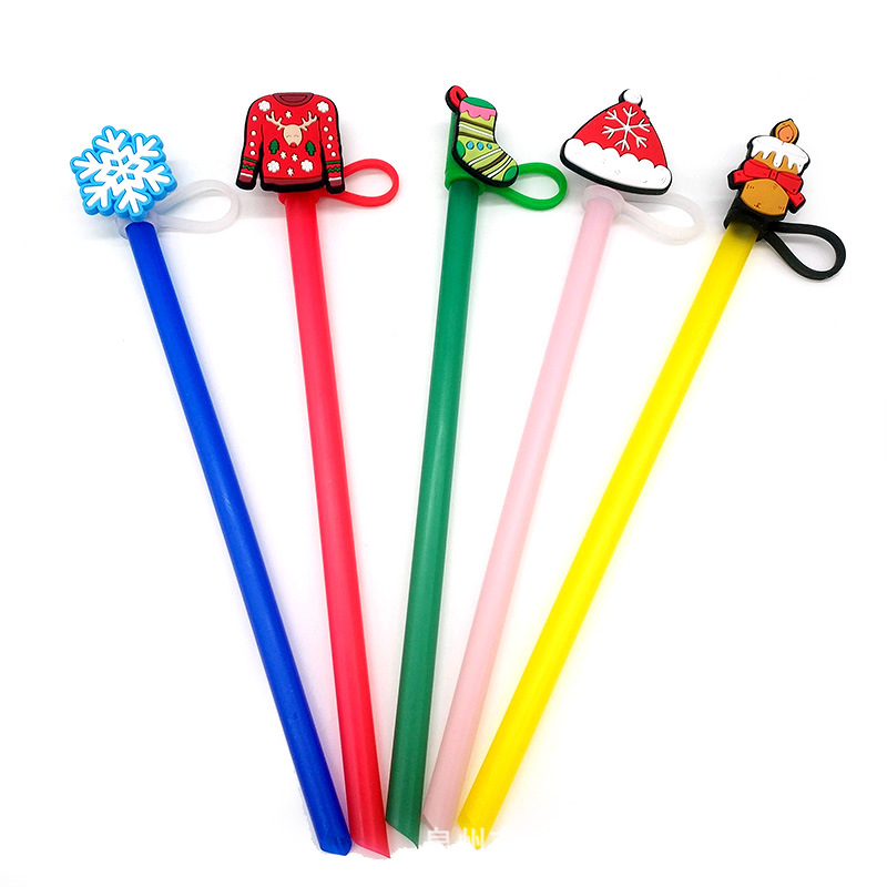 Straw Toppers Christmas Straw Tips Cover Cap Reusable Silicone 