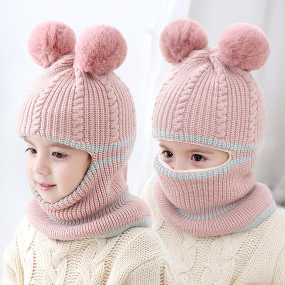 1pc Plain Color Autumn And Winter Knitted Tire Cap With Two Fur Ball Ears  And Face Mask For Outdoor Outing, Indoor Activities, Daily Leisure, Etc