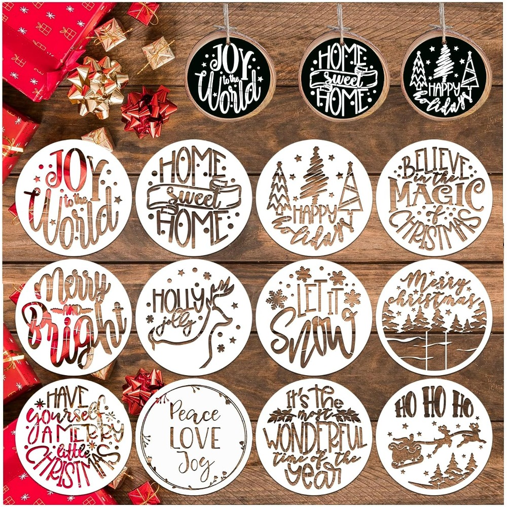 60 Pcs Christmas Stencils for Painting on Wood 3x3 Inch Small Ornament  Reusable Holiday Xmas Drawing Stencil Templates for Wood Slice DIY Crafts  Card