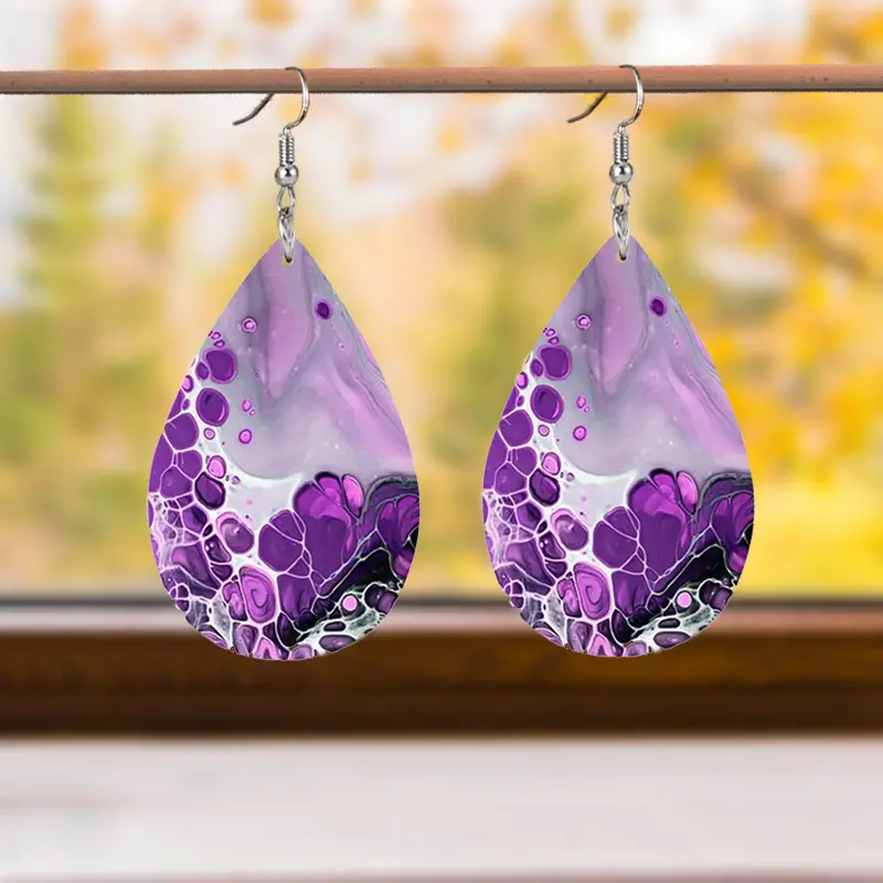 Purple Spot Painting Faux Leather Earring Abstract Art - Temu
