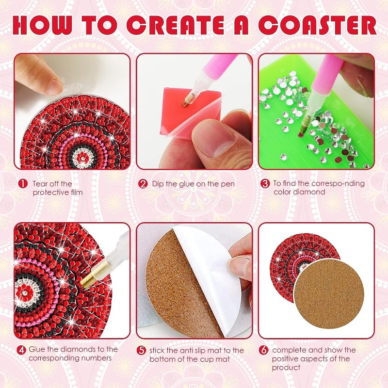 6 Pack Diamond Painting Coasters Kit with Holder DIY Mandala Theme Diamond  Art Coasters Painting Kits 5D Diamond Dot Coasters Kits DIY Acrylic