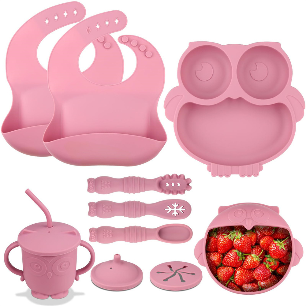 Little Keegs Baby Feeding Set - Baby Must Haves Gift Set - Baby Led Weaning  Supplies - Toddler Silicone Dishes - Suction Baby Bowl, Bib, Snack Cup,  Utensils, Baby Plate Set of 8 (Pink) 