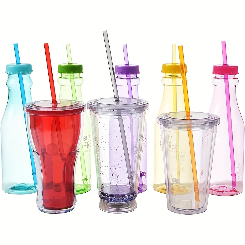 Rainbow Color Plastic Straws, Long Reusable Straws With Cleaning
