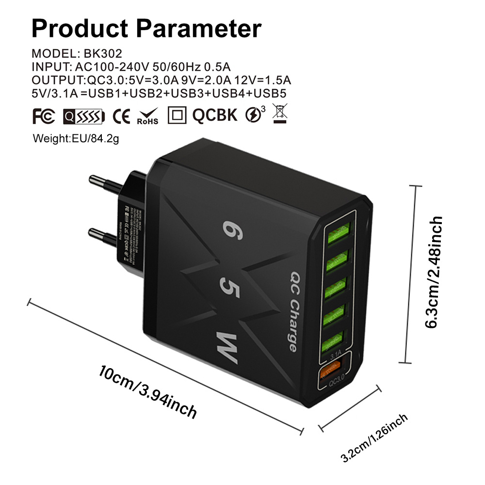 6-Port Fast Charger with USB-C PD & QC3.0 - 65W
