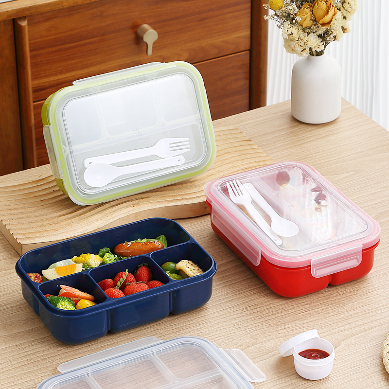 1pc Grid Lunch Box With Lid, 4 Compartments School Bento Box With