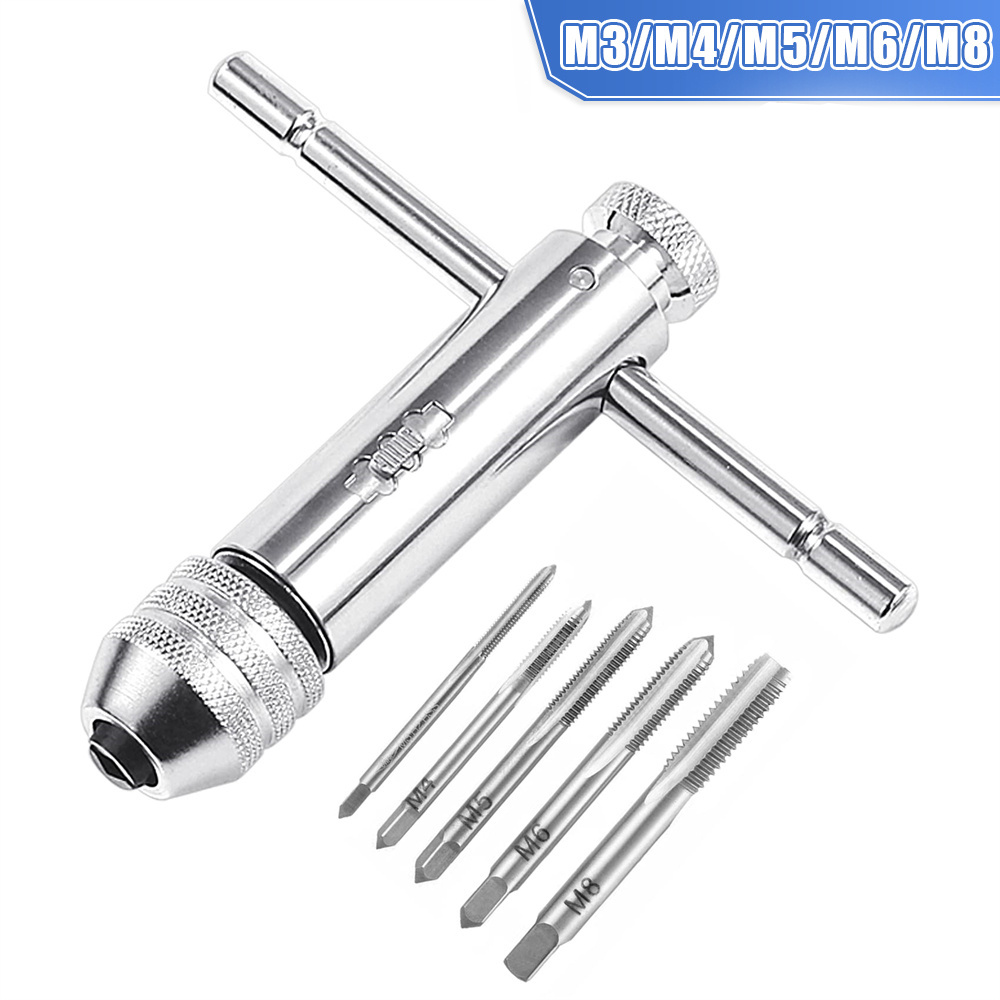 5pcs Adjustable Silver T-handle Ratchet Tap Wrench Set M3-m8 3mm