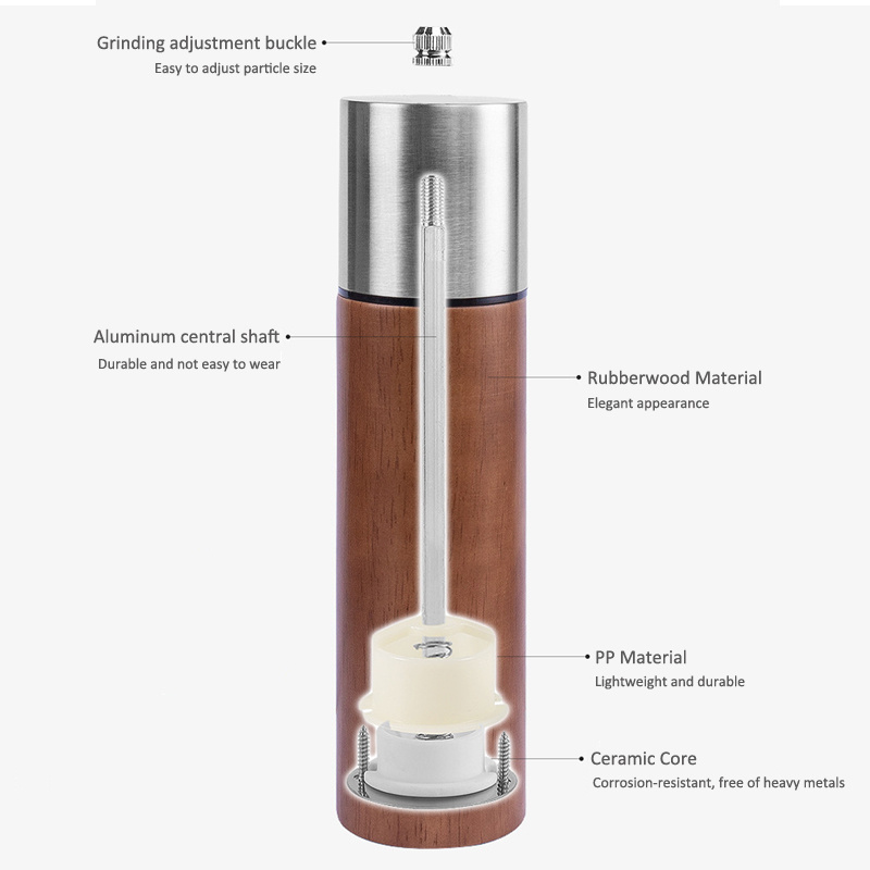 Wooden Pepper Mill or Salt Mill with a cleaning brush - 8 inch tall - Best  Pepper or Salt Grinder Wood with a Adjustable Ceramic Rotor and easily