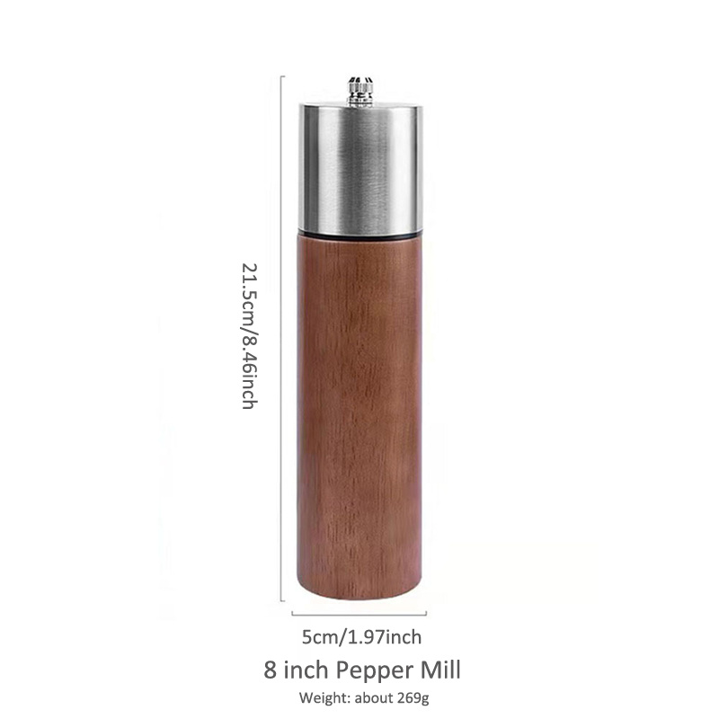 Wooden Pepper Mill or Salt Mill with a cleaning brush - 8 inch tall - Best  Pepper or Salt Grinder Wood with a Adjustable Ceramic Rotor and easily