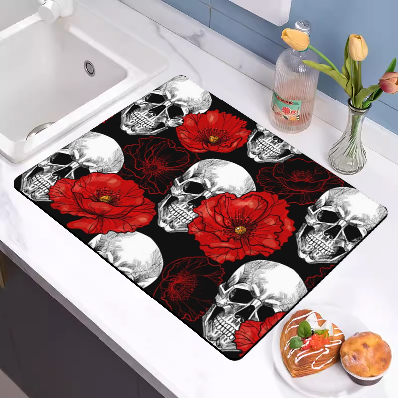 Day Of The Dead Skull Halloween Dish Drying Mat for Kitchen