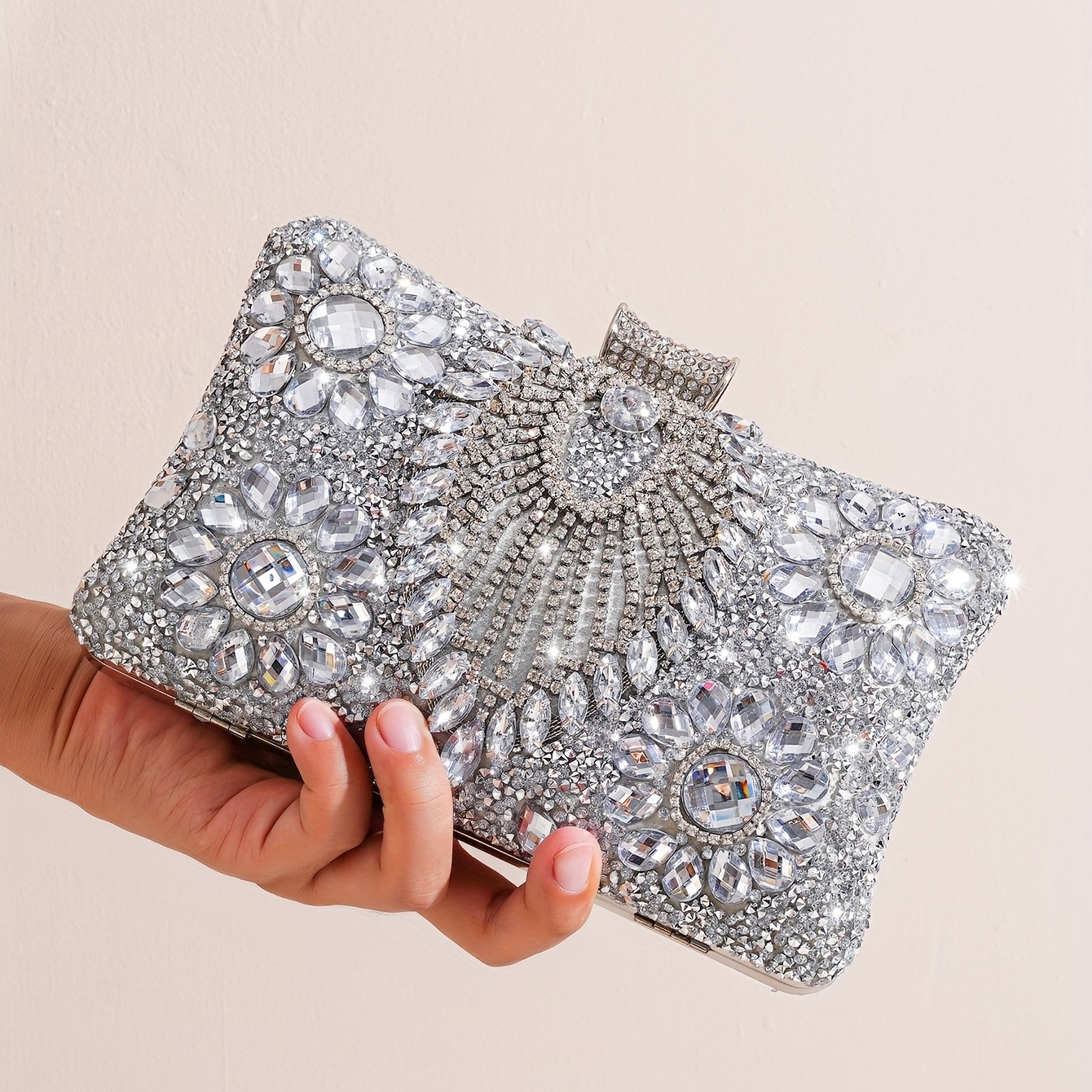 Women Clutch Wedding Purse, Rhinestone Crystal Beaded Evening Bags, Sequin  Cocktail Party Bridal Prom Vintage Handbag for Lady Girl, Silver