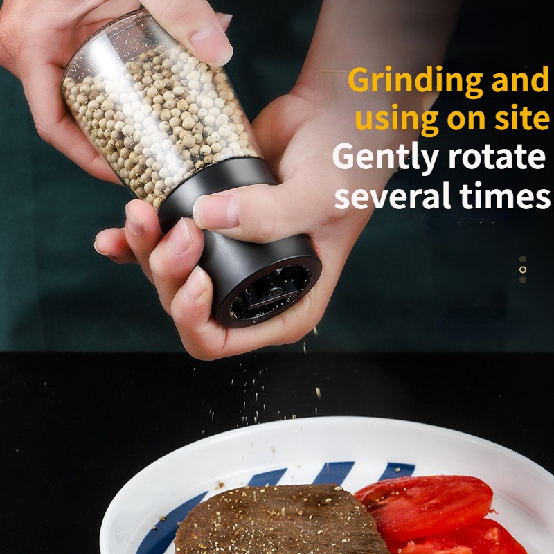 1pc Black Manual Grinder With Glass Bottle, Salt & Black Pepper