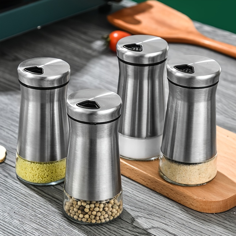 Salt and Pepper Shakers - Spice Dispenser with Adjustable Pour Holes - Stainless Steel & Glass - Salt Spice Shaker Dispenser Adjustable Pour Holes