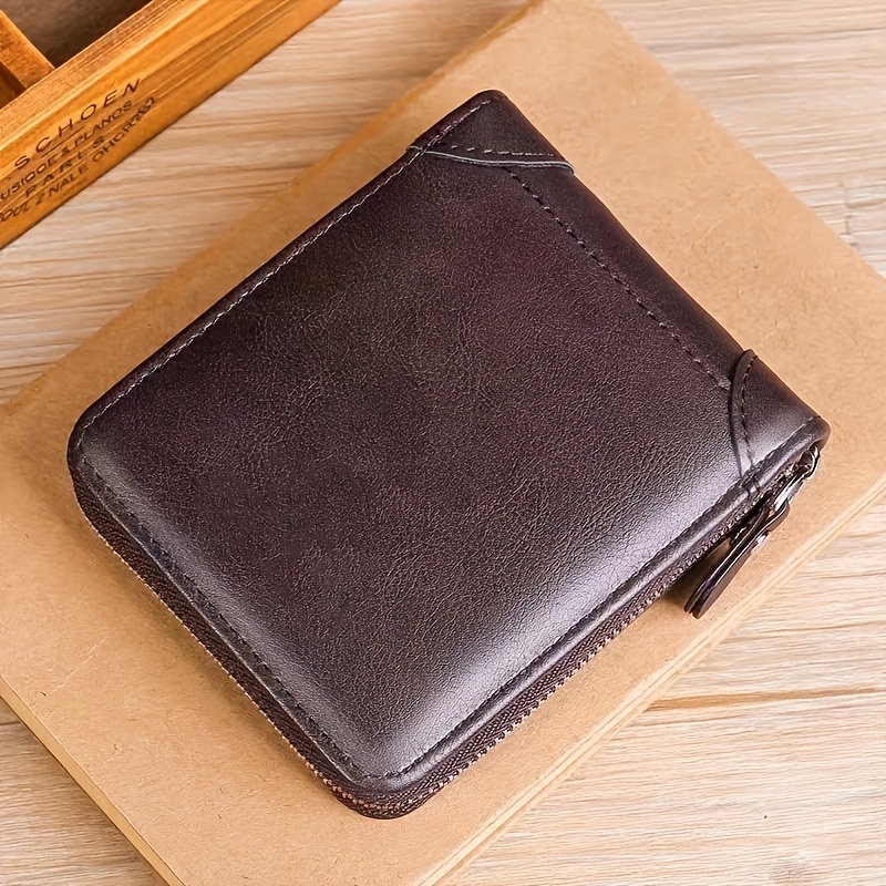 Men's Leather Short Wallet, RFID Blocking Money Clip, Multi-Card Card Holder, Bifold Wallet with Zipper Coin Pocket, Birthday Christmas Gift for