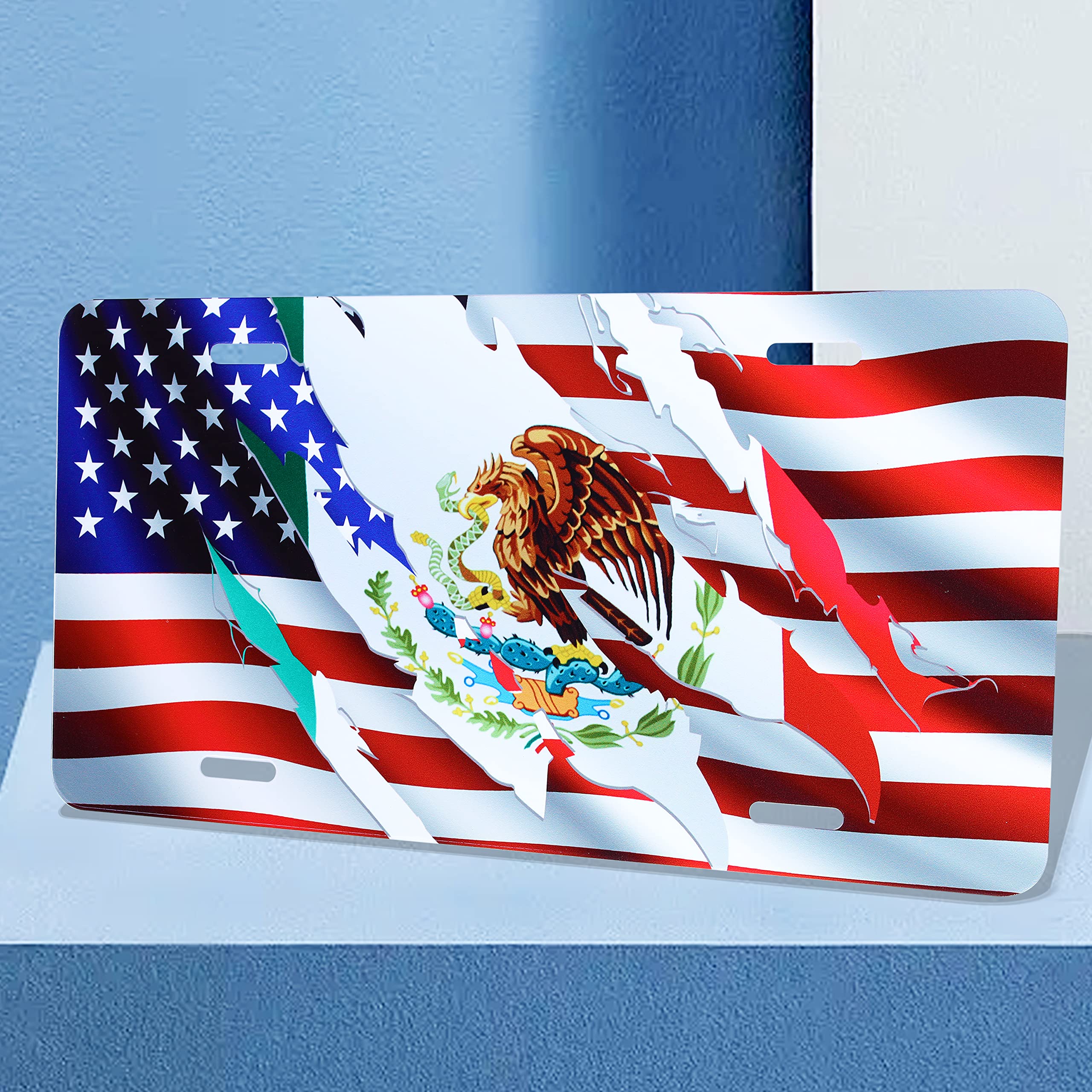 212 Main LPO6079 6 x 12 in. Mexican American Flags Split Photo License Plate