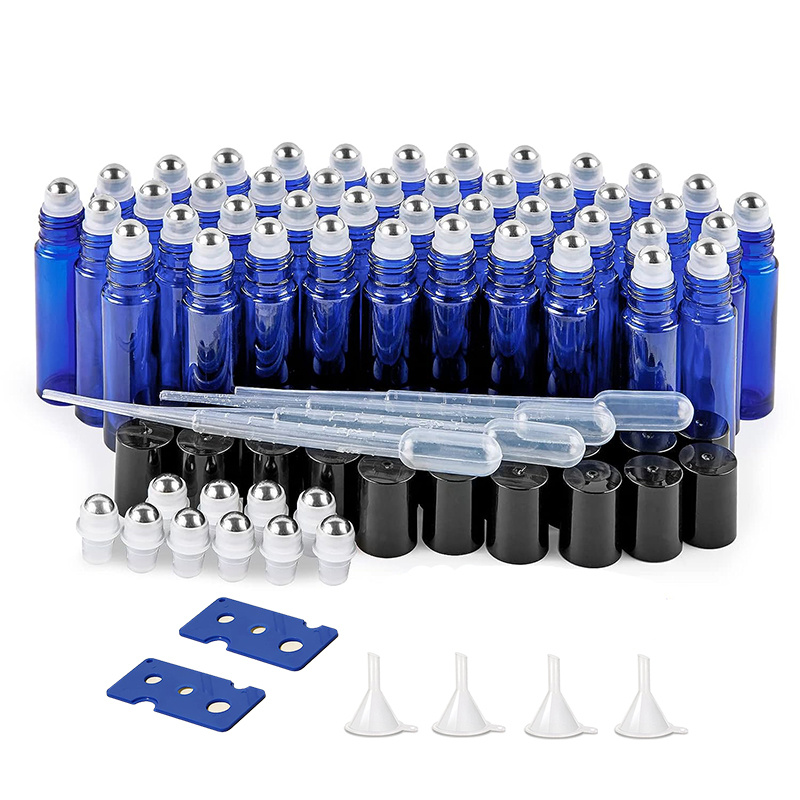 

50pack Essential Oil Roller Bottles With Accessories, 10ml Empty Glass Blue Roller Bottles Uv Protection With Stainless Steel Balls, Travel Accessories (10ml-50pack)
