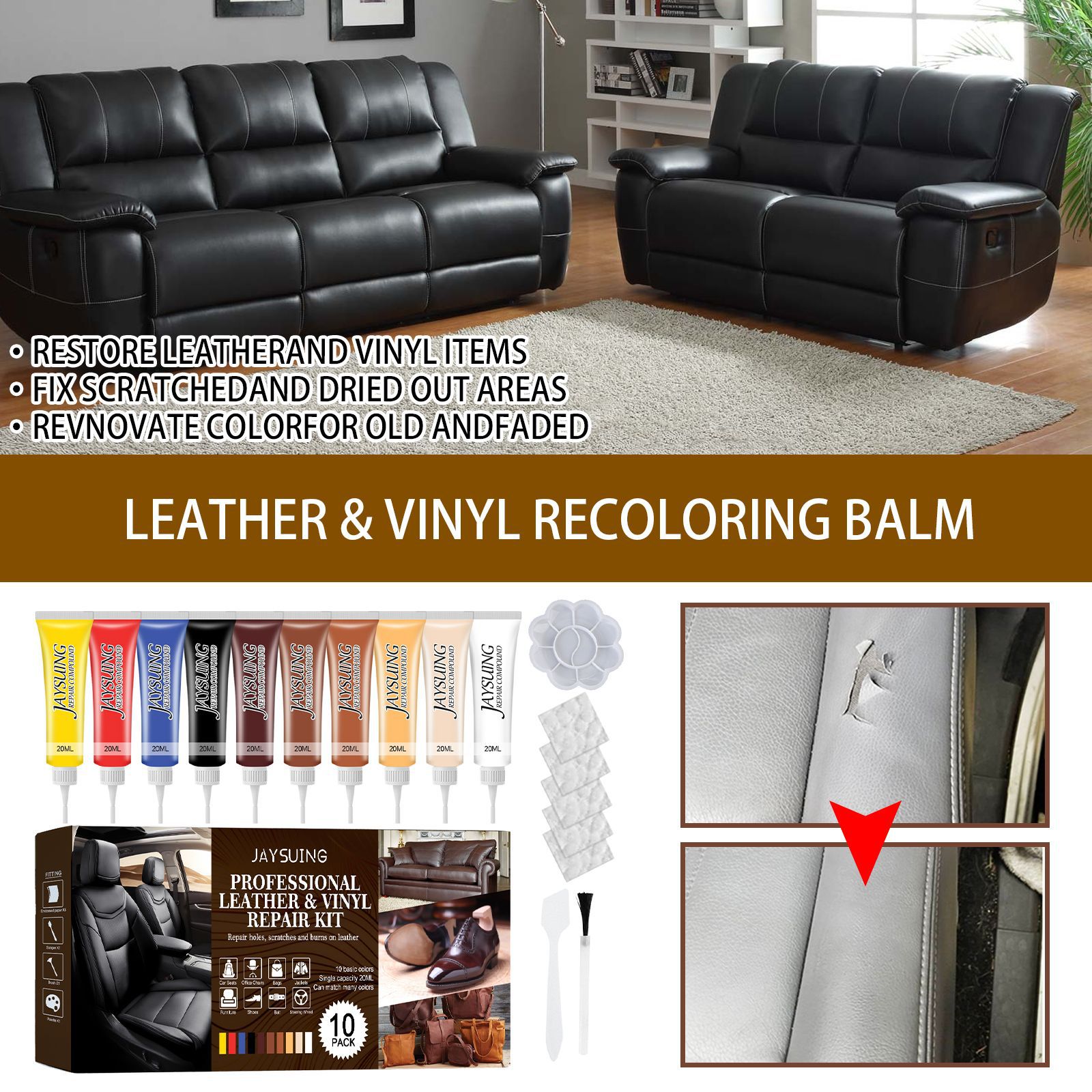  Black Leather Repair Kit For Furniture, Leather Dye For Car  Seat, Sofa, Boot Care, Shoes, Leather Filler, Leather Scratch Repair Kit