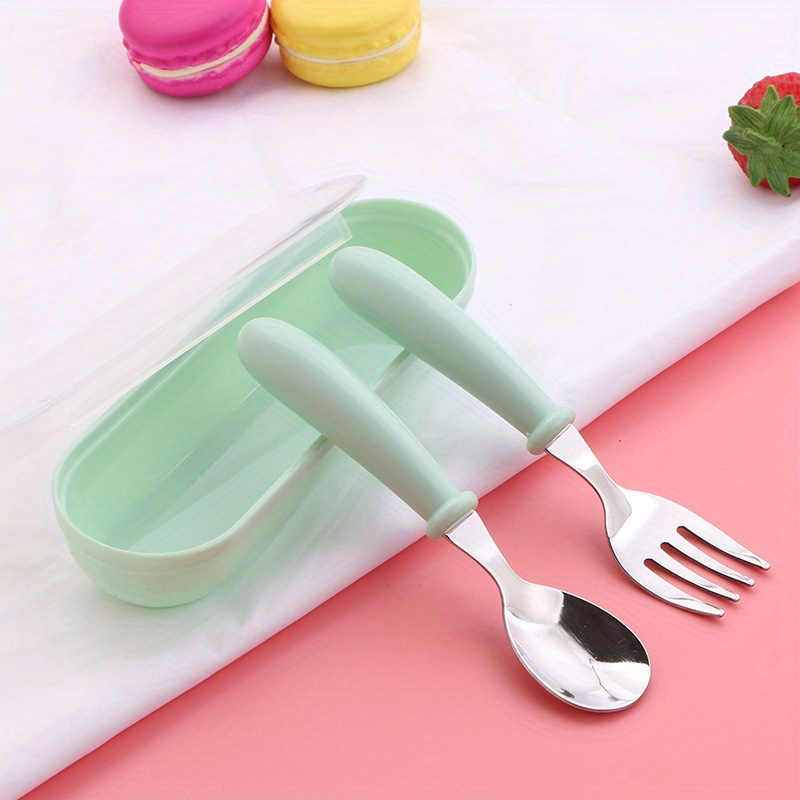 2pcs/set Stainless Steel Round Handle Fork And Spoon Set For Kids
