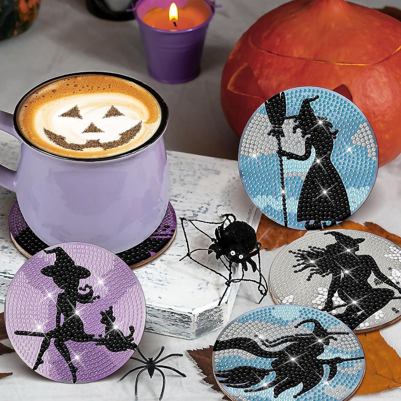 Diamond Painting Coasters With Holder Diy Halloween Life - Temu