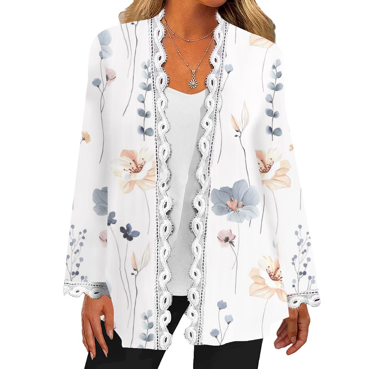 

Plus Size Casual Coat, Women's Plus Floral Print Contrast Lace Trim Long Sleeve Open Front Cardigan Coat