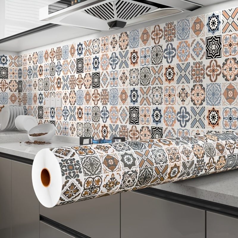 

1 Roll Vintage Tile Style 3d Vinyl Self-adhesive Wallpaper, Waterproof, Oil-proof Wall Stickers For Kitchen & Bathroom Decor, Easy Diy Installation, Rustic Mural For Furniture And Ceramic Tile Look