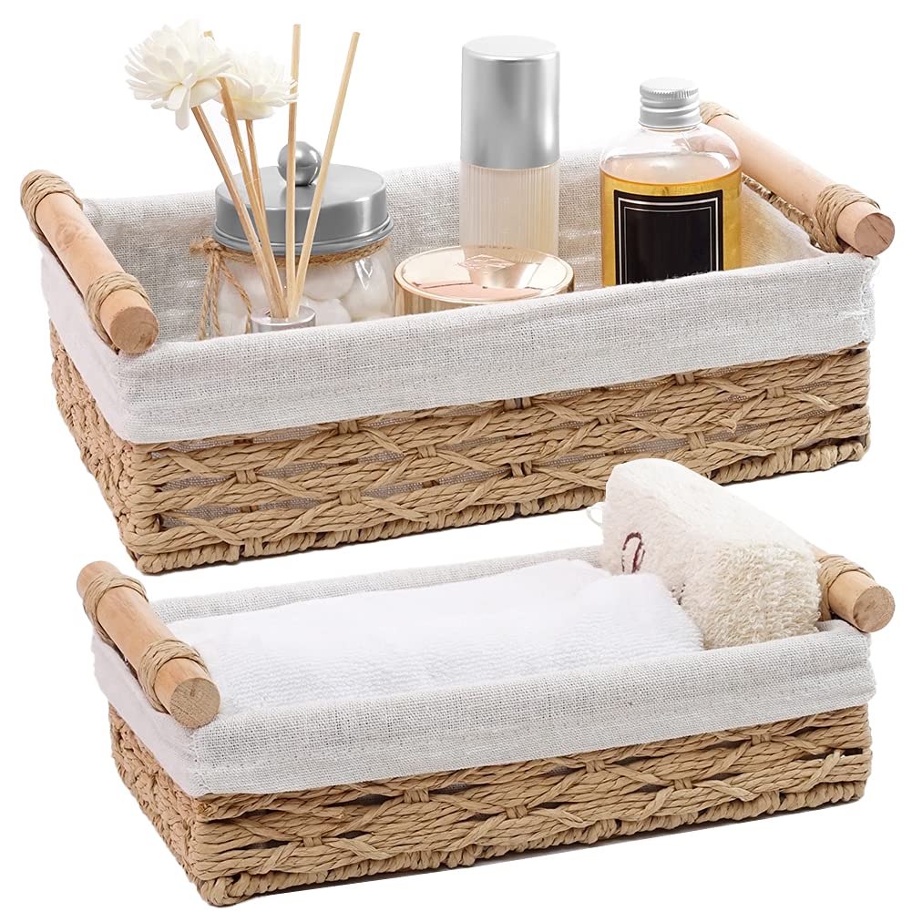 2pcs Rectangle Wicker Baskets With Handle, Roll Paper Storage Basket,  Decorative Storage Organizer Basket For Countertop, Toilet Paper Basket For  Toil