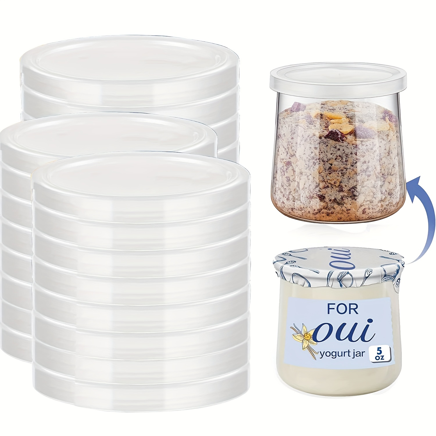 

10/20pcs Oui Yogurt Jar Lids, Yogurt Container Lids, Clear Plastic Blue/transparent Oui Lids For Cookie Coffee Supplies, Glass Jars Containers, Kitchen Storage Supplies