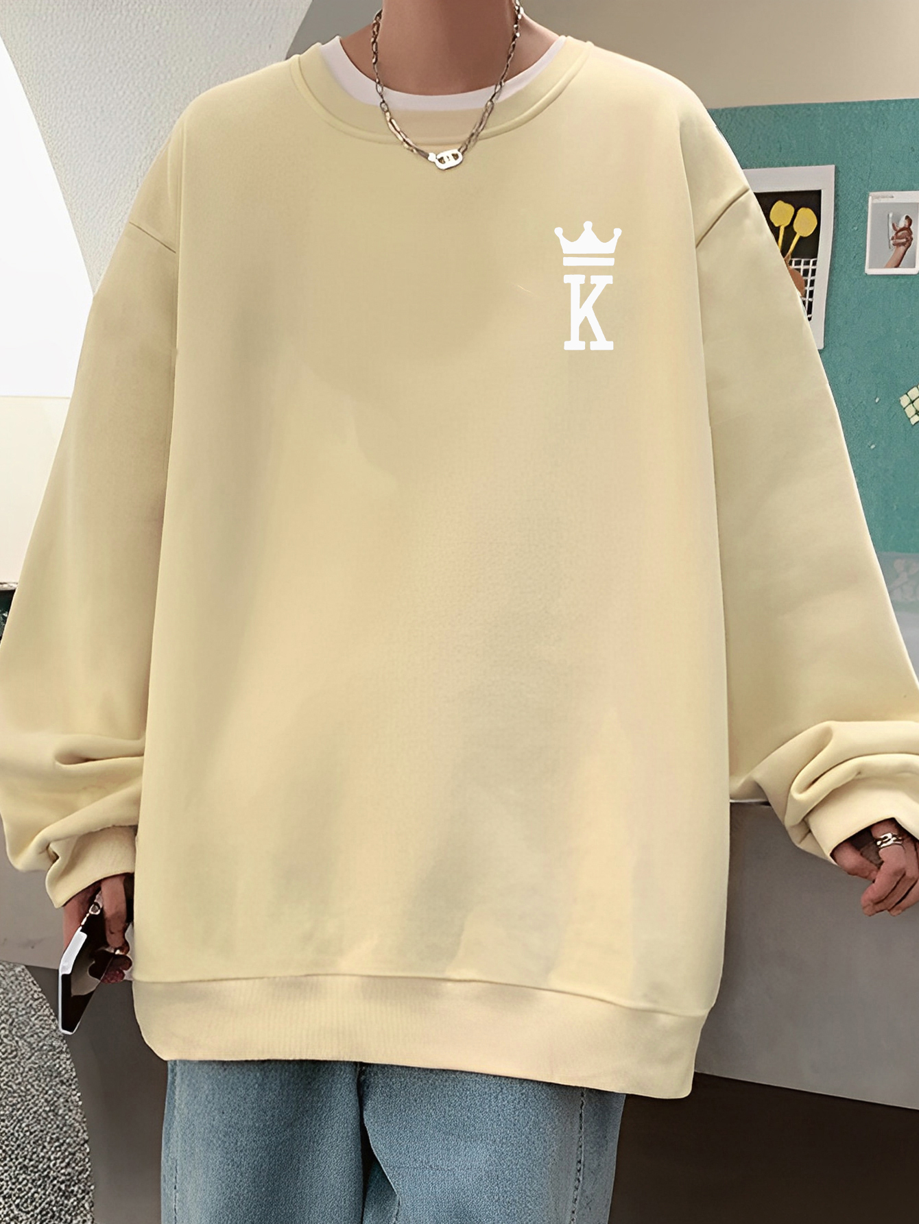 Letter K With Crown Print Trendy Sweatshirt, Men's Casual Graphic