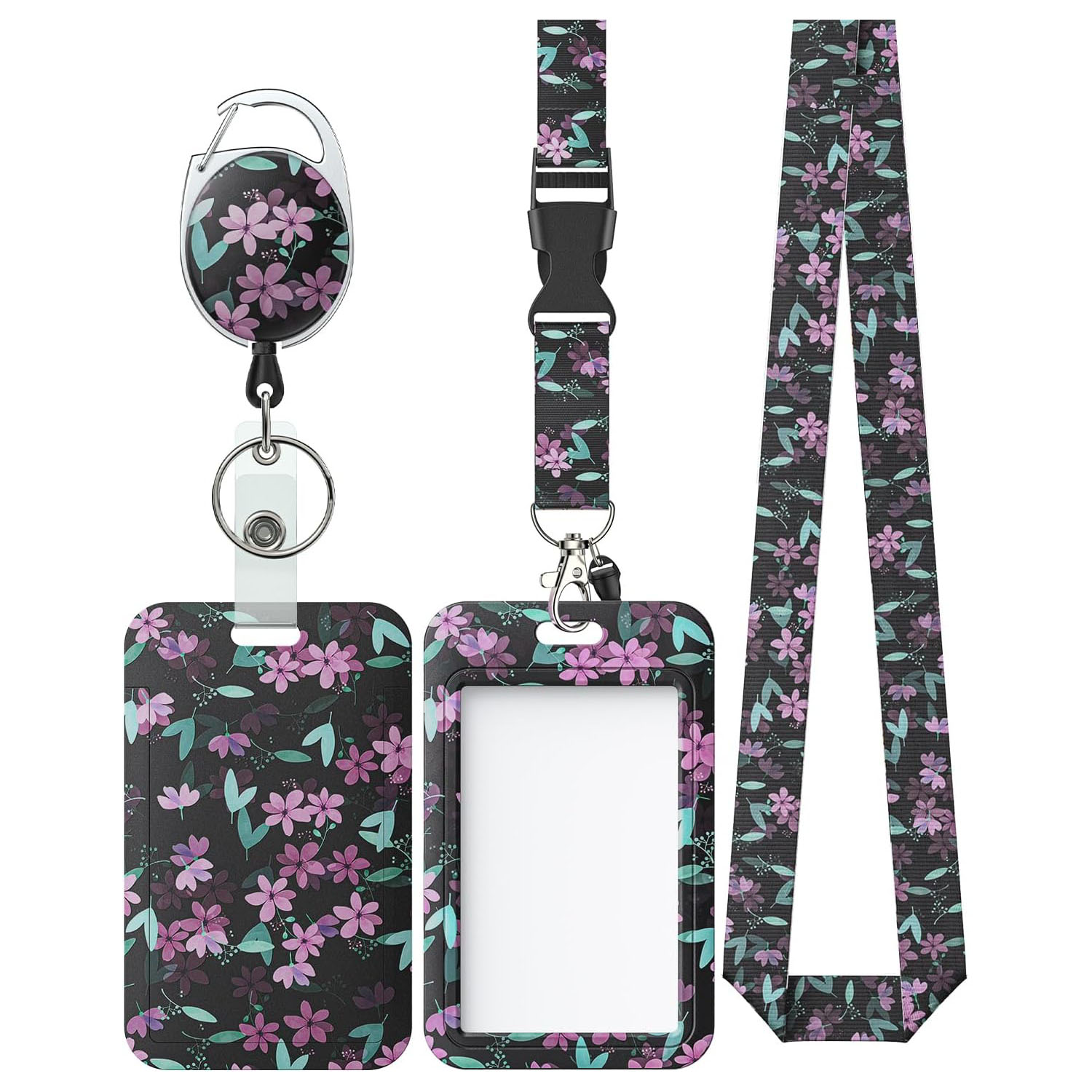 ID Card Case + Lanyard + Badge Holder Retractable Reel Carabiner And Plastic Clip