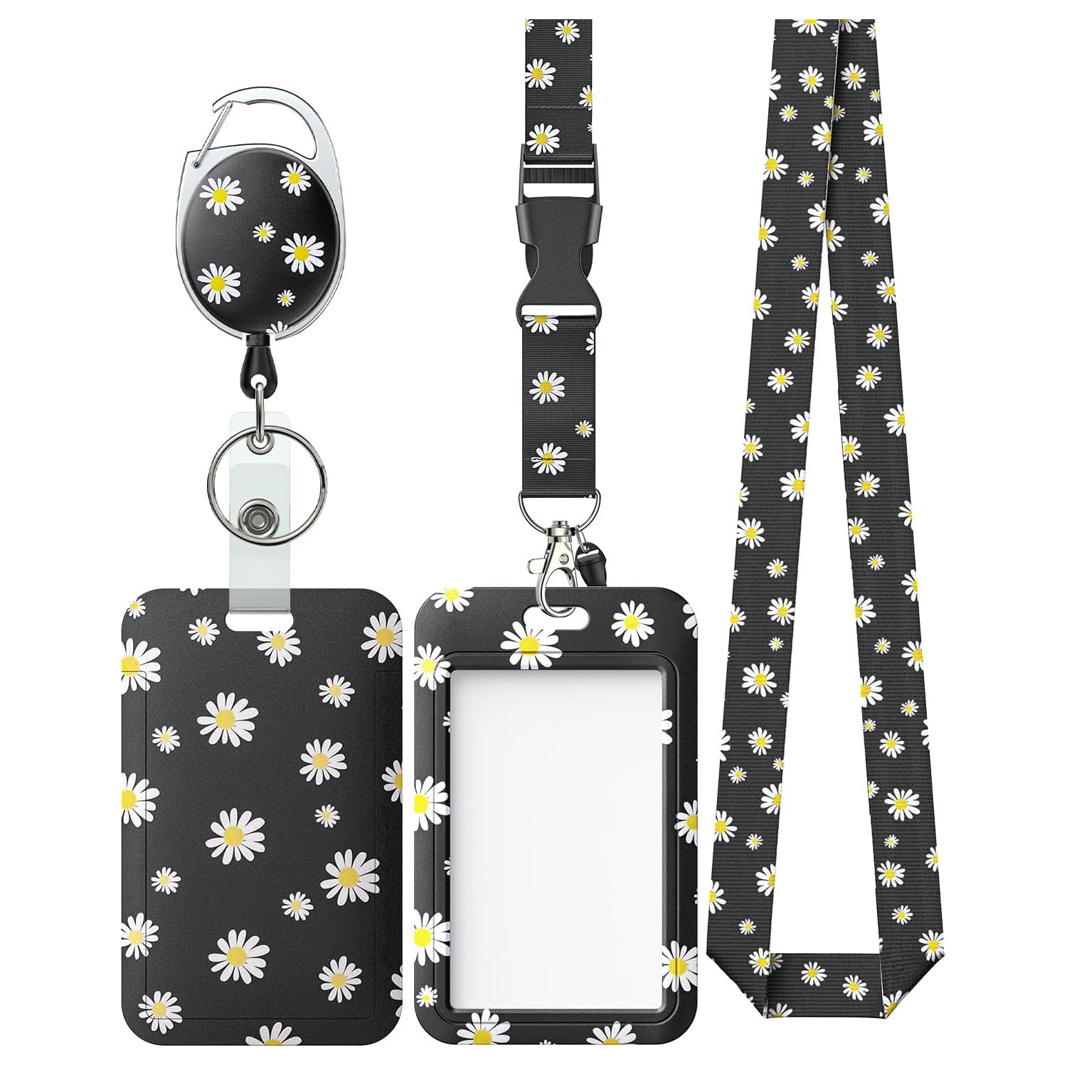 Floral,Home,Sliding Badge Holder White Flower Plastic Case with Retractable Badge Reel Carabiner Clip & Detachable Lanyard Strap Fashionable