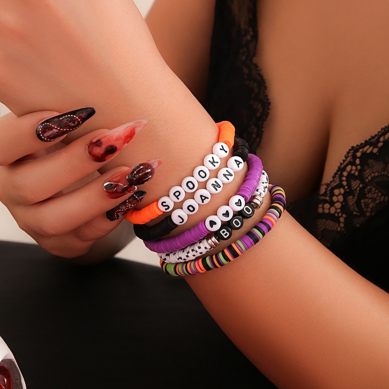 Colorful Soft Clay Beads Beaded Bracelet Set Gothic Stretch Hand Jewelry Multi Layers Halloween Decoration Gift,Temu