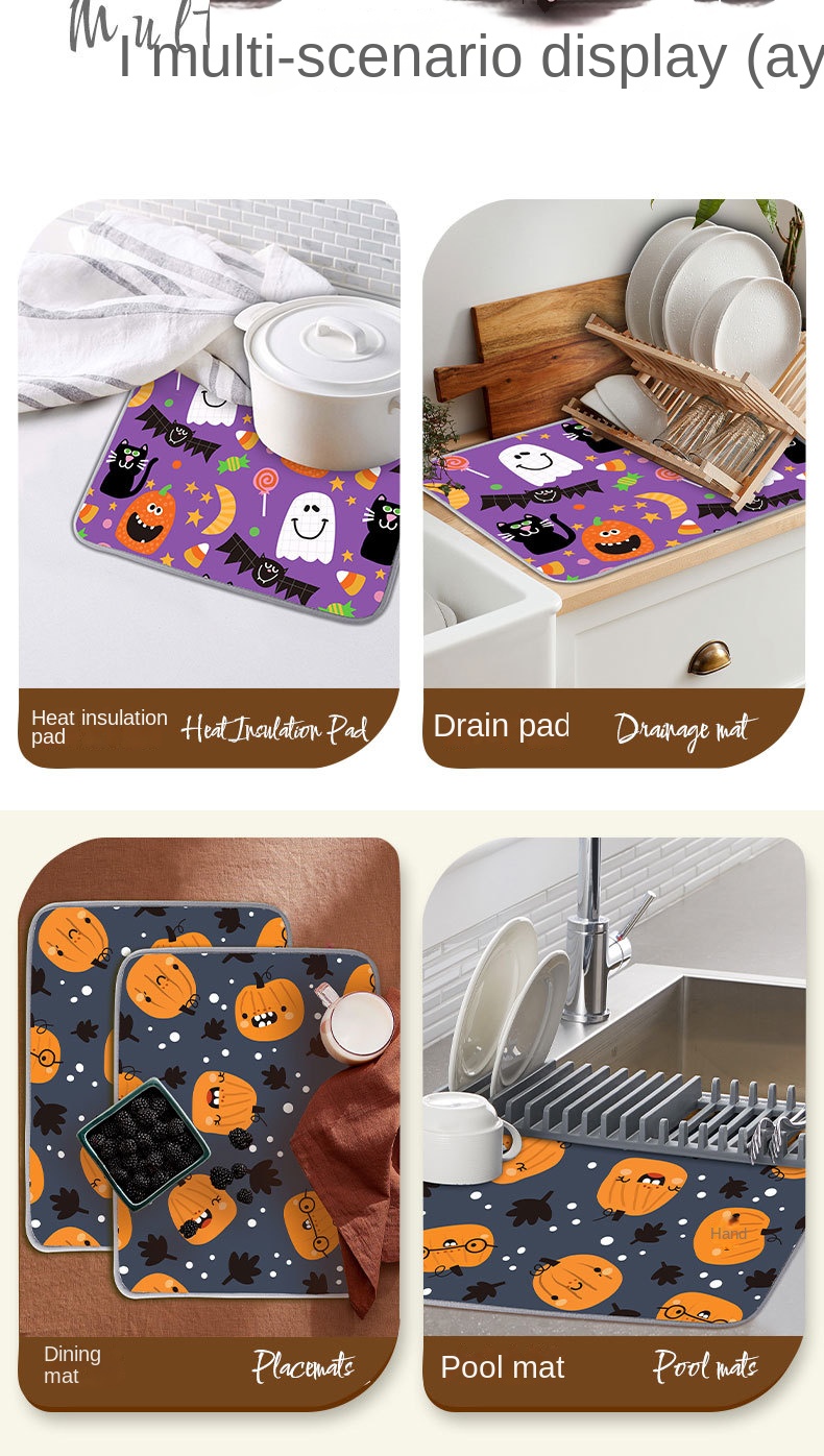 Dish Drying Mat Halloween Theme Draining Mat Pumpkin Bat - Temu