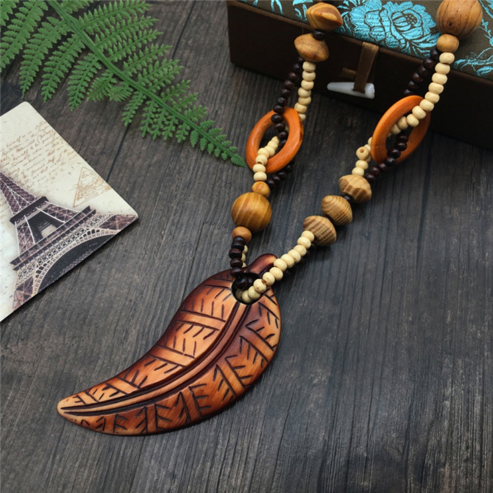 Vintage Wood Beads Long Necklace Fish Elephant Leaf Moon - Temu